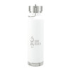 A drink bottle in white with a stainless steel lid and base, featuring a logo and a surfboard design.