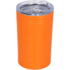 An orange vacuum tumbler with a clear lid, featuring a logo on the side. Holds 325ml.