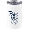 A drink bottle with a white exterior and a clear lid, featuring a logo. Suitable for hot or cold beverages.