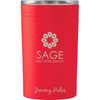 A drink bottle in vibrant red, featuring a logo and a silver lid, designed for thermos use.