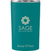A drink bottle in teal with a lid, featuring a logo and a name on the front.