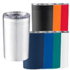A drink bottle featuring multiple colours, including white, black, orange, and blue, with a clear lid and a logo.