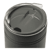 A drink bottle with a sleek black exterior and a clear lid featuring a drinking hole. It has a logo on the side.