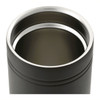 A drink bottle featuring a sleek black design with a metal interior, suitable for travel and beverages.