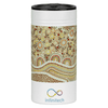 A drink bottle featuring a patterned design in earthy tones and a black lid, with a logo at the bottom.