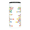 A drink bottle featuring a white body decorated with colourful polka dots and a black lid. It has a logo.