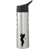 A stainless steel drink bottle in silver with a black lid and a logo featuring a golfer.