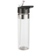 A drink bottle with a clear body, stainless steel accent, and a black flip-top lid. It holds 600ml of liquid.