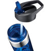 A drink bottle in bright blue with a stainless steel base and a black flip-top lid, featuring a straw.
