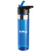 A drink bottle in blue with a black lid and straw, featuring a logo. It has a sleek design and a 600ml capacity.