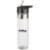 A drink bottle in clear plastic with a black lid and a silver accent, featuring a logo.