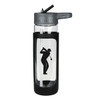 A drink bottle featuring a clear glass body, grey silicone cover, and a golf-themed design.