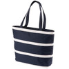 A navy blue insulated cooler bag with white stripes and two sturdy handles. It features a logo on the front.
