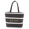 A black insulated cooler bag with white stripes and a logo on the front, featuring sturdy handles.