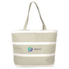 A light green insulated cooler bag with white stripes and a logo on the front. Features two shoulder straps.