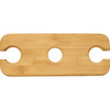 A bamboo wine bottle and glass carrier featuring two circular cutouts for glasses and one for a bottle.