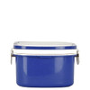 A blue lunch box made of plastic and wheat straw, featuring a white lid and a simple closing mechanism.