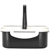 A black and white plastic lunch box with a handle, featuring a sleek design and a secure lid.