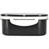 A black lunch box with a white lid and handle, made from plastic and wheat straw. Includes branding.