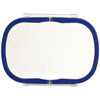 A plastic and wheat straw lunch box in white with a blue lid and a logo.