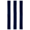 A striped cotton beach towel featuring navy blue and white colours with a logo in one corner.
