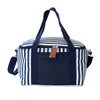 A striped cotton canvas cooler bag featuring navy and white stripes, with sturdy handles and a removable shoulder strap.