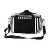 A striped cotton canvas cooler bag in black and white with a detachable shoulder strap. It features a front pocket and branding.
