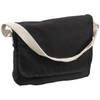 A black canvas shoulder bag with a cream strap, featuring a flap closure and a simple design.