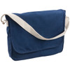 Canvas shoulder bag in navy blue with a cream strap and a flap closure. Includes a logo on the front.