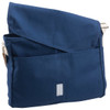 A navy canvas shoulder bag featuring an adjustable strap and multiple pockets, with a logo on the front.