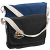 A canvas shoulder bag in navy and black, featuring a strap and an emblem on the front.
