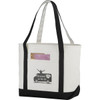 A cream and black tote bag with a logo and a front pocket. It features sturdy handles and a spacious design.