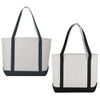 A white tote bag with navy or black accents and straps, featuring a front pocket and branding.