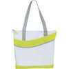 A zippered tote bag in white with bright yellow accents and grey handles, featuring a sleek design and logo.