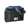 A black and blue laptop bag with a shoulder strap and a logo. Suitable for carrying various items.