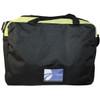A black laptop bag with a lime green trim, featuring an adjustable strap and a logo on the front.