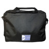 A black laptop bag featuring handles and a side mesh pocket, with a logo on the front.