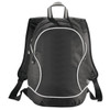 A black backpack with mesh side pockets and white trim, featuring padded shoulder straps and a branding logo.