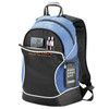 A blue and black backpack featuring multiple compartments and pockets for storage, including a front pocket with pens and a calculator.