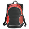A black and red backpack with mesh side pockets and adjustable straps, featuring a logo on the front.