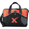 A black and orange laptop bag with handles, a shoulder strap, and a logo.