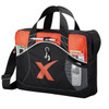 A black and orange laptop bag featuring multiple pockets, a logo, and dual handles.