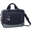 A black and grey laptop briefcase featuring handles, a shoulder strap, and a side pocket with earphones.