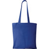 A blue canvas tote bag with long handles and a logo on one side.