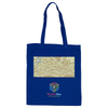A blue tote bag featuring a patterned fabric panel and a logo at the bottom. The bag has two sturdy handles.