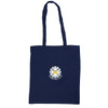 A navy tote bag with a logo on the front and two long handles for carrying.