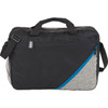 A black and grey laptop briefcase with a blue zip detail and a mesh pocket. Features dual handles and a detachable strap.