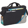 A black laptop bag with a grey side panel, featuring handles, an adjustable strap, and a mesh pocket.