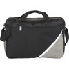 A black and grey laptop bag with a shoulder strap and a mesh side pocket, featuring a logo.