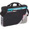 A black and grey laptop bag with a side pocket, handle, and adjustable strap, featuring various compartments for documents.